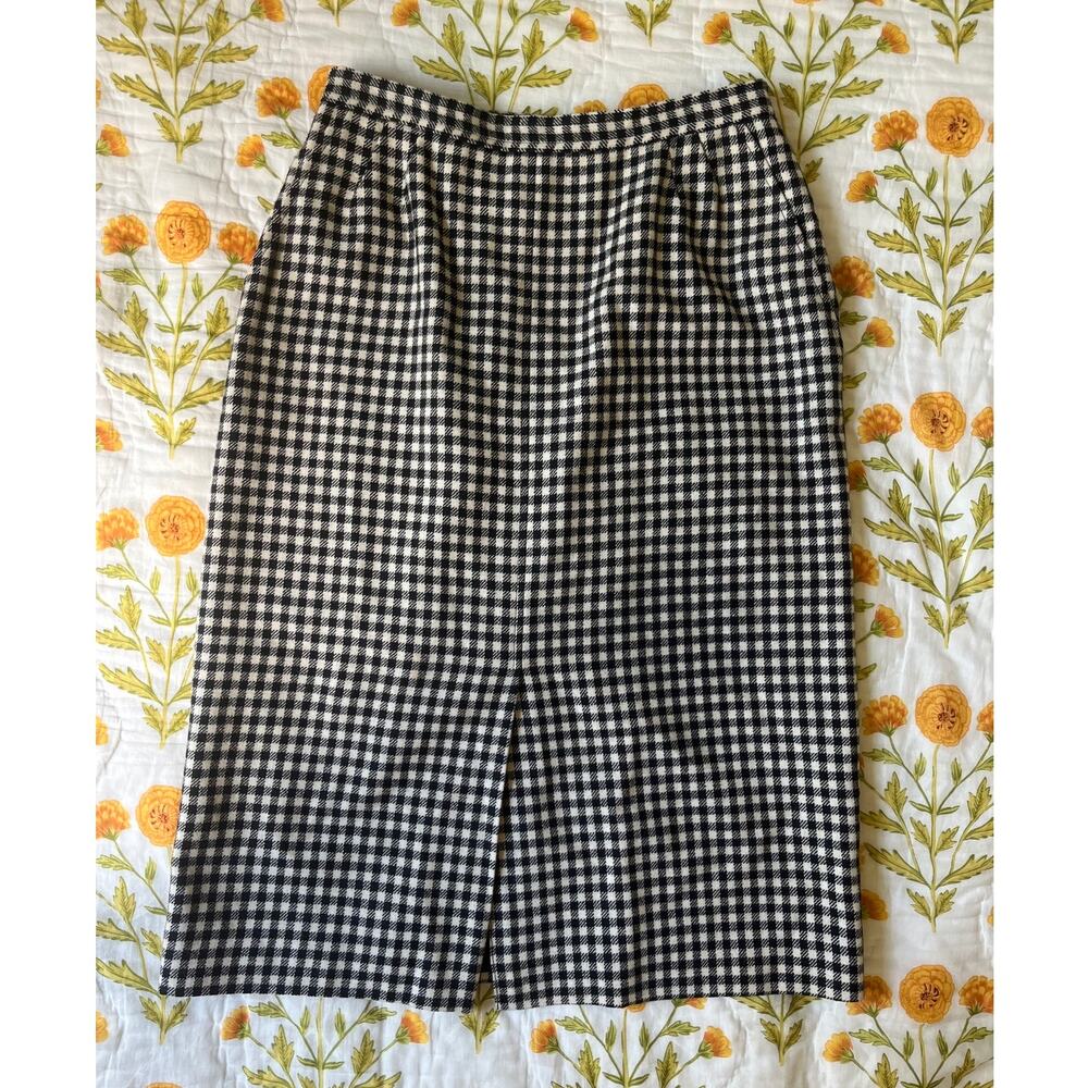 VTG Evan Picone Black & White Gingham Plaid Wool Midi Pencil Skirt Academia 10